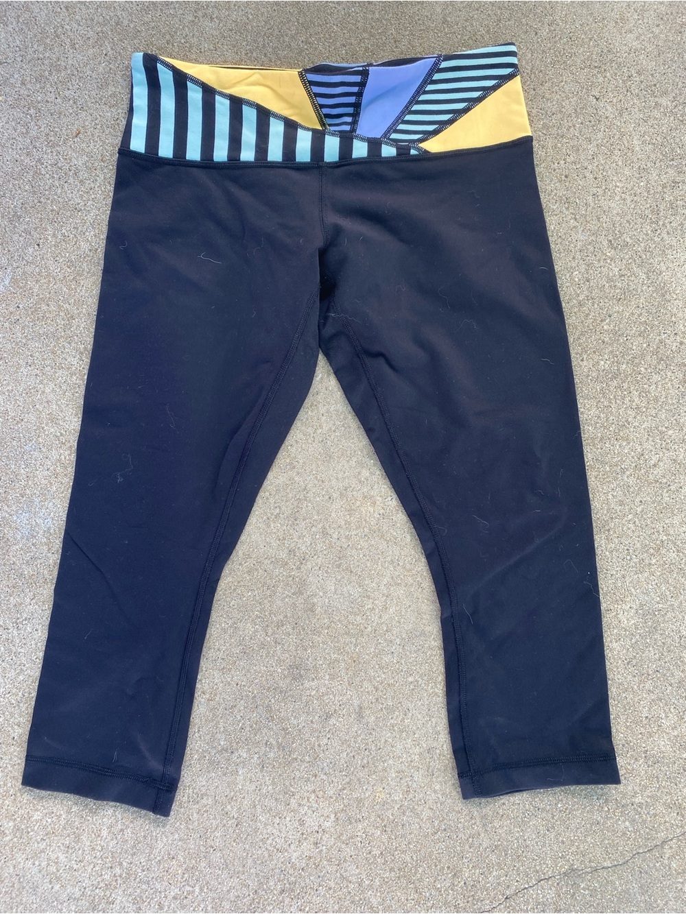 Women's Black Capri Leggings with Yellow & Blue Stripe Waistband